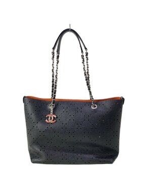 Chanel Tote Bag Black Chain Shoulder Silver Perforated